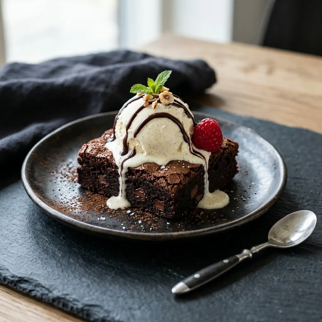 Fotografie hotového dezertu: Brownie se zmrzlinou