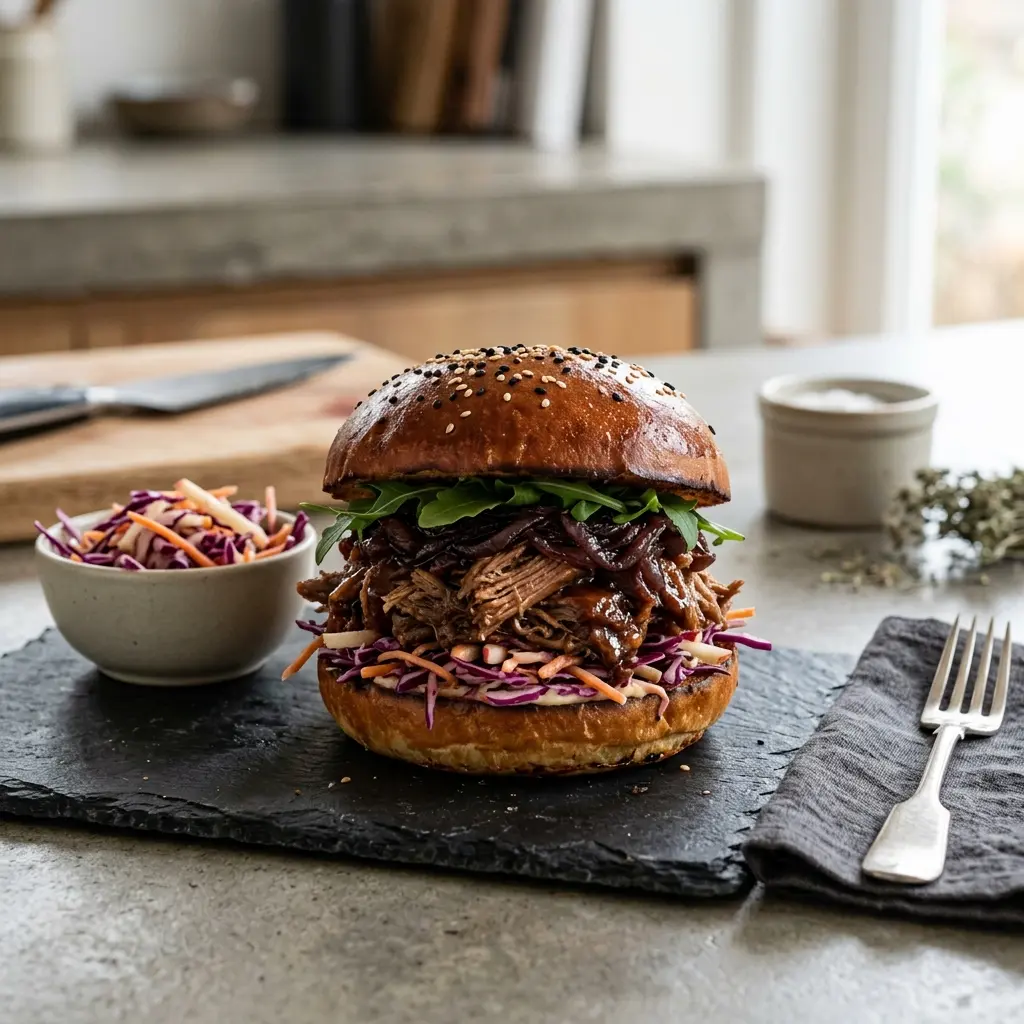 Fotografie hotového jídla: Burger s trhanou kachnou