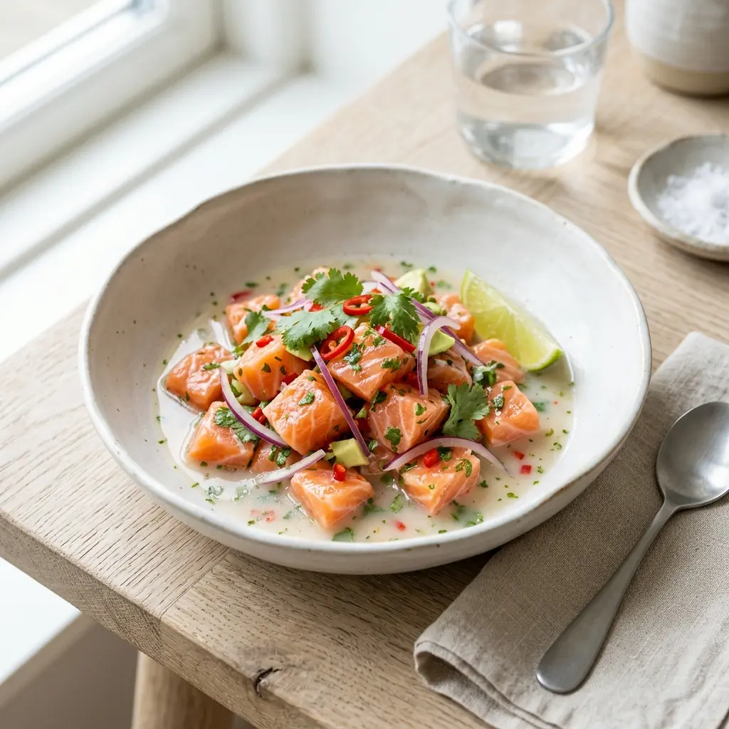 Fotografie hotového jídla: Ceviche z lososa