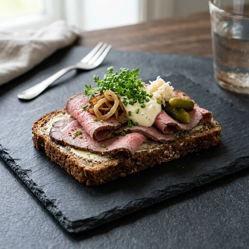 Fotografie hotového chleba nebo pečiva: Chlebíček s roastbeefem