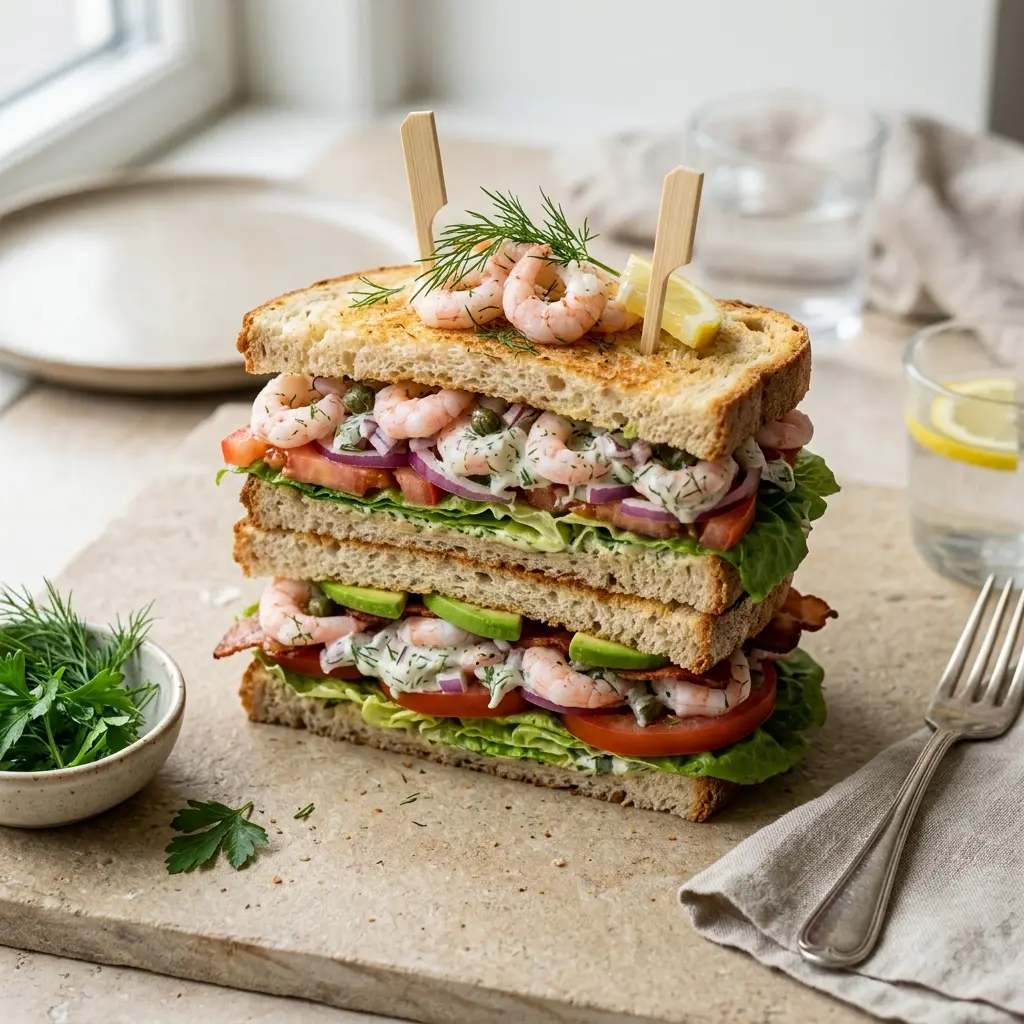 Fotografie hotového jídla: Club sandwich s krevetami