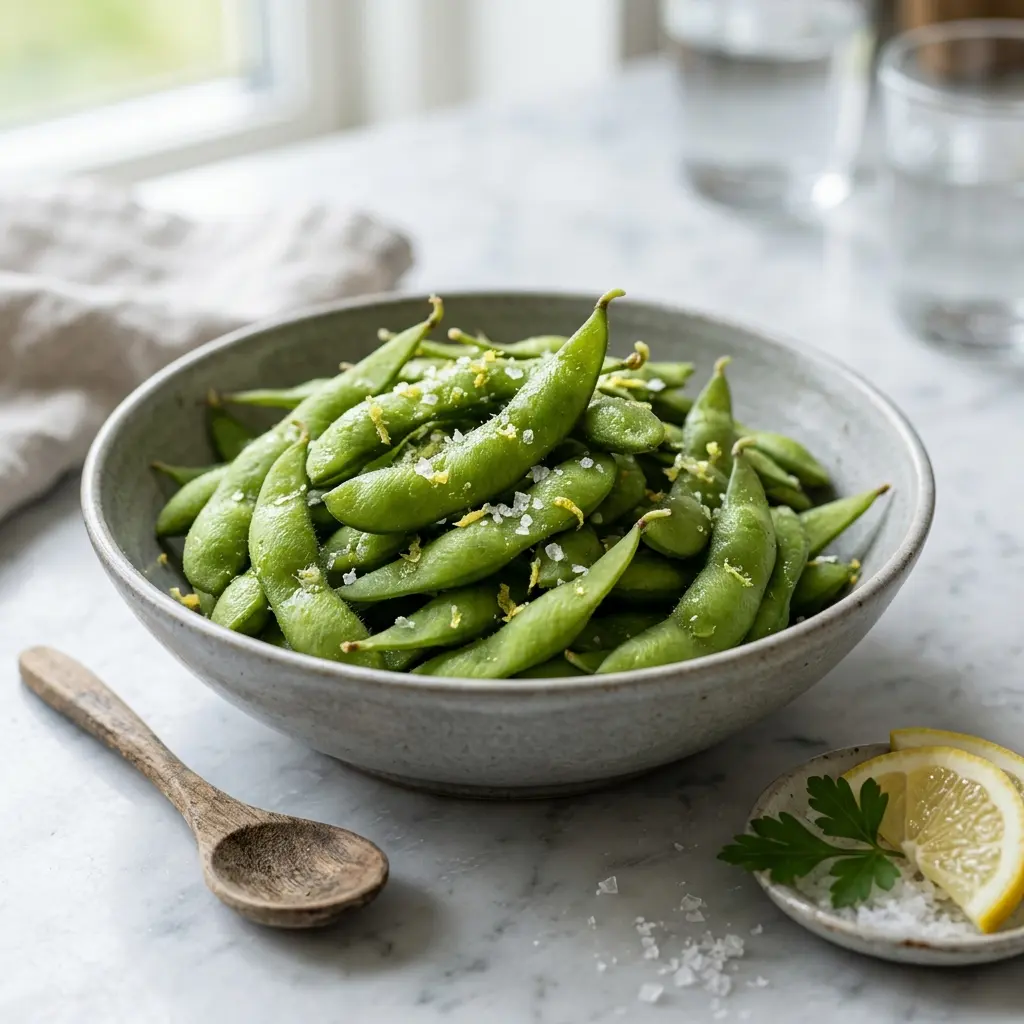 Fotografie hotového jídla: Edamame se solí a citronem