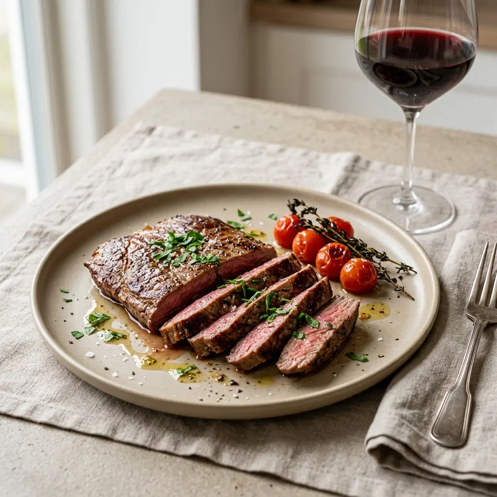Fotografie hotového jídla: Flank steak na pánvi
