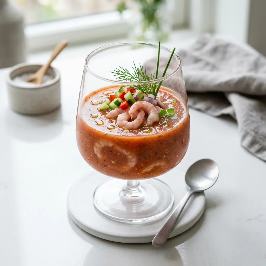 Fotografie hotového jídla: Gazpacho s krevetami