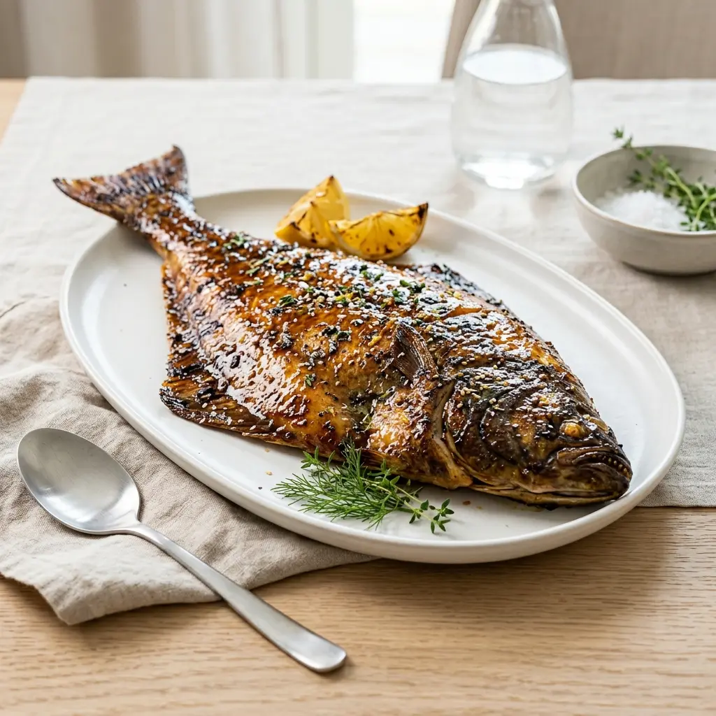 Fotografie hotového jídla: Glazovaný halibut