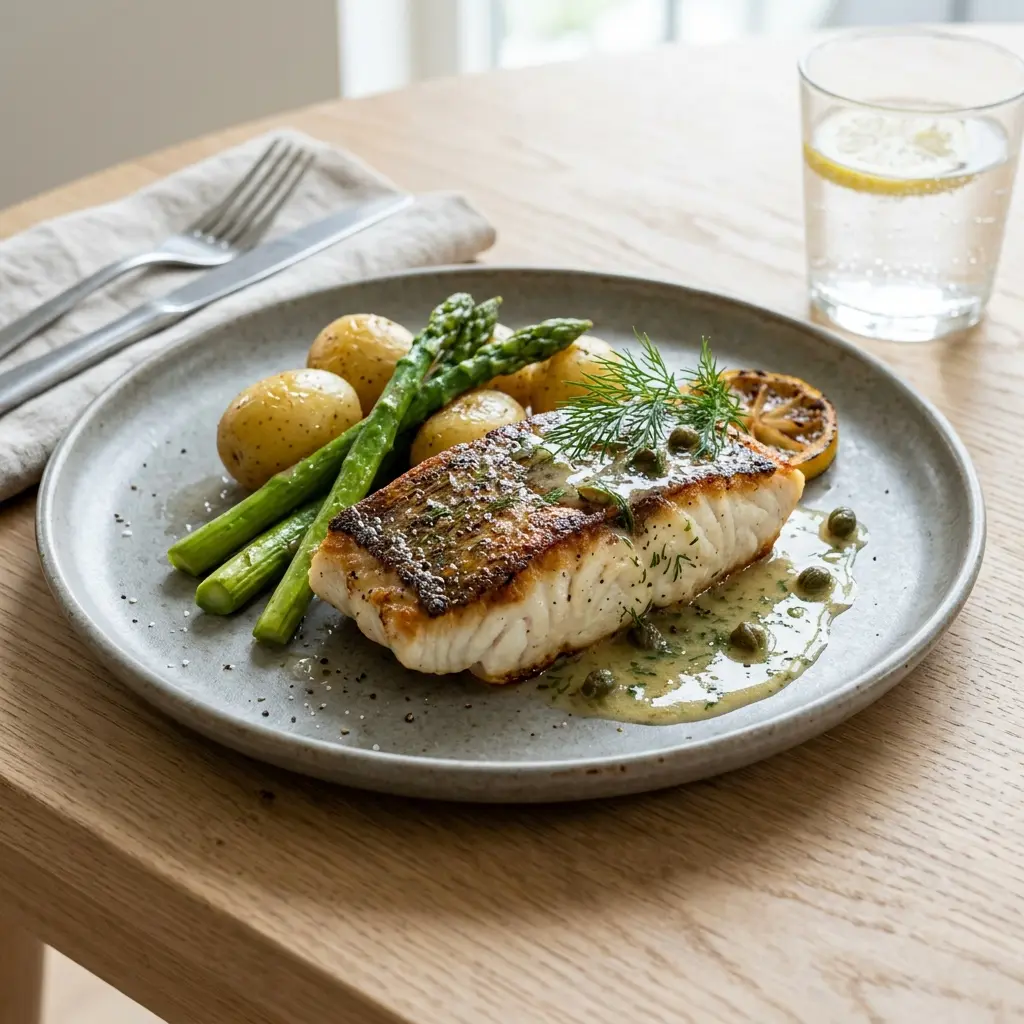 Fotografie hotového jídla: Halibut na pánvi