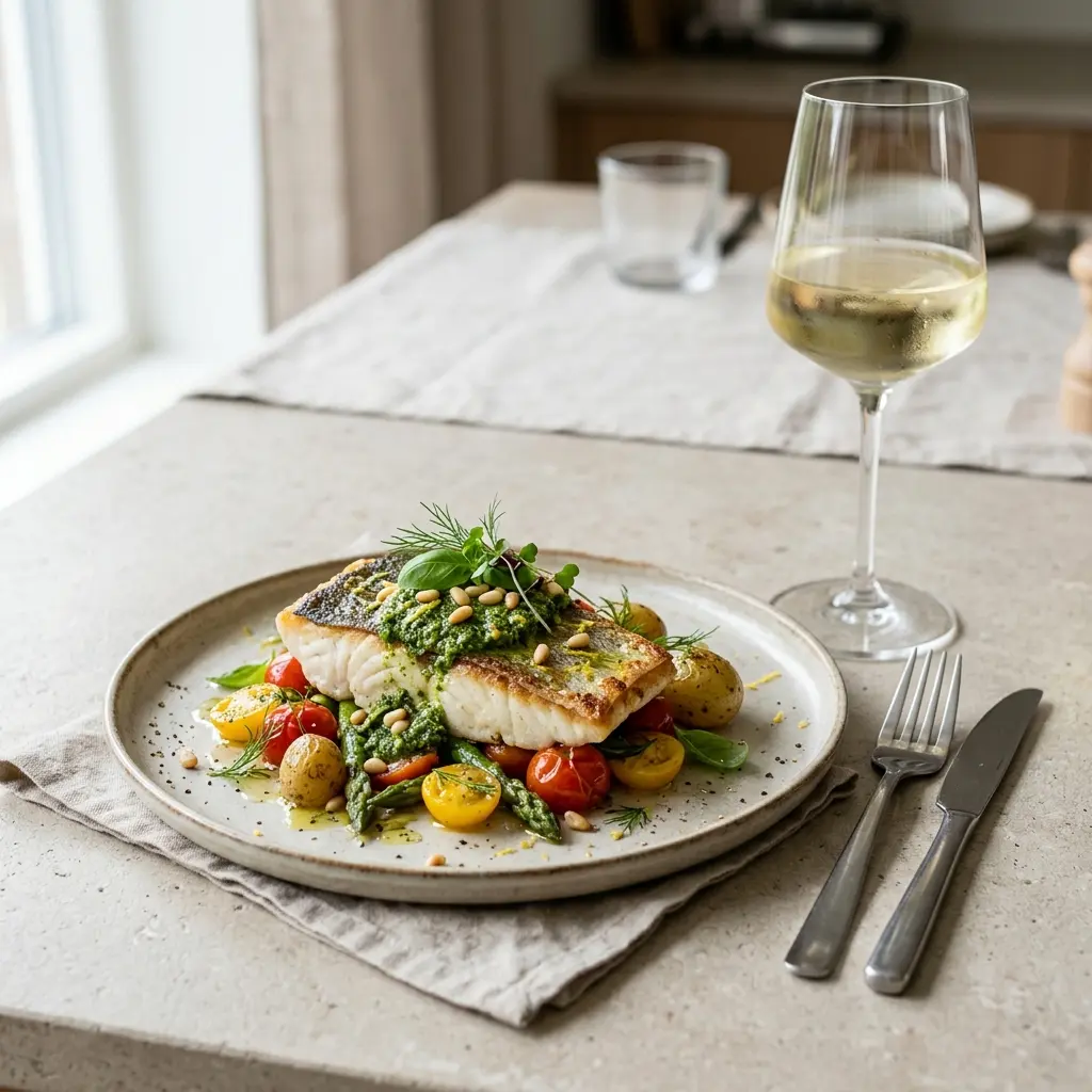 Fotografie hotového jídla: Halibut s pestem
