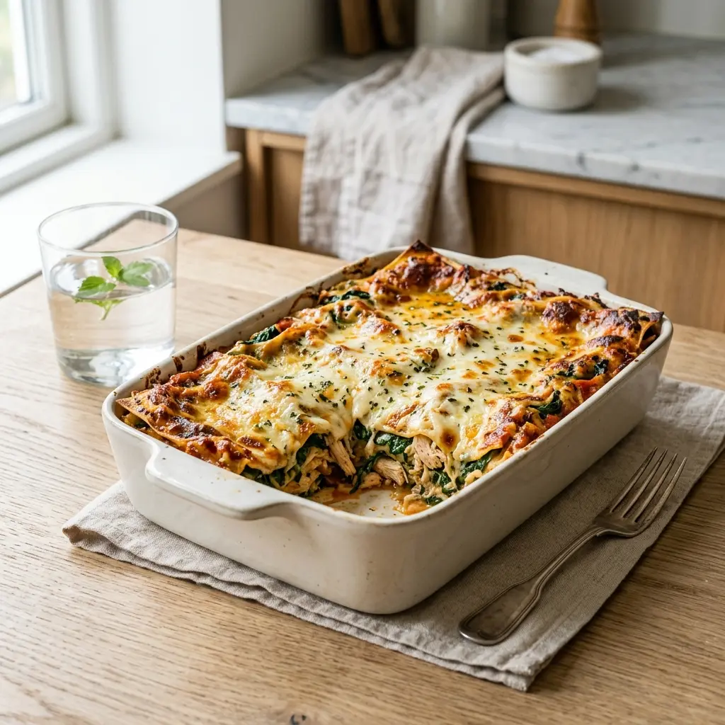 Fotografie hotového dezertu: Kuřecí lasagne se špenátem