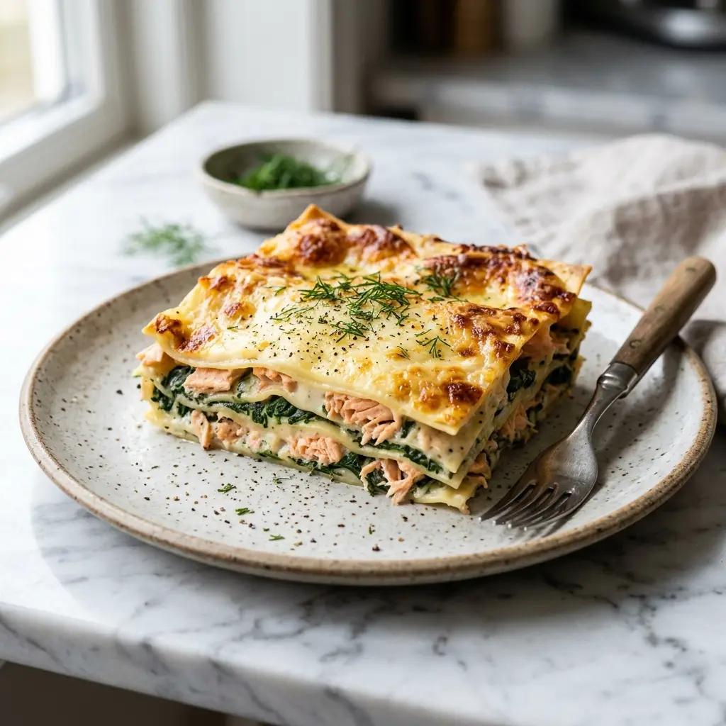 Fotografie hotového jídla: Lososové lasagne