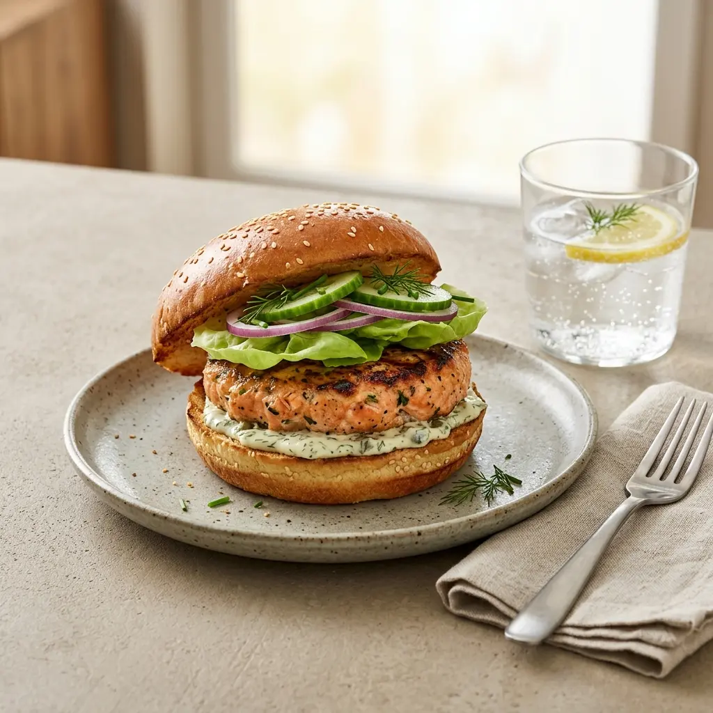Fotografie hotového jídla: Lososový burger