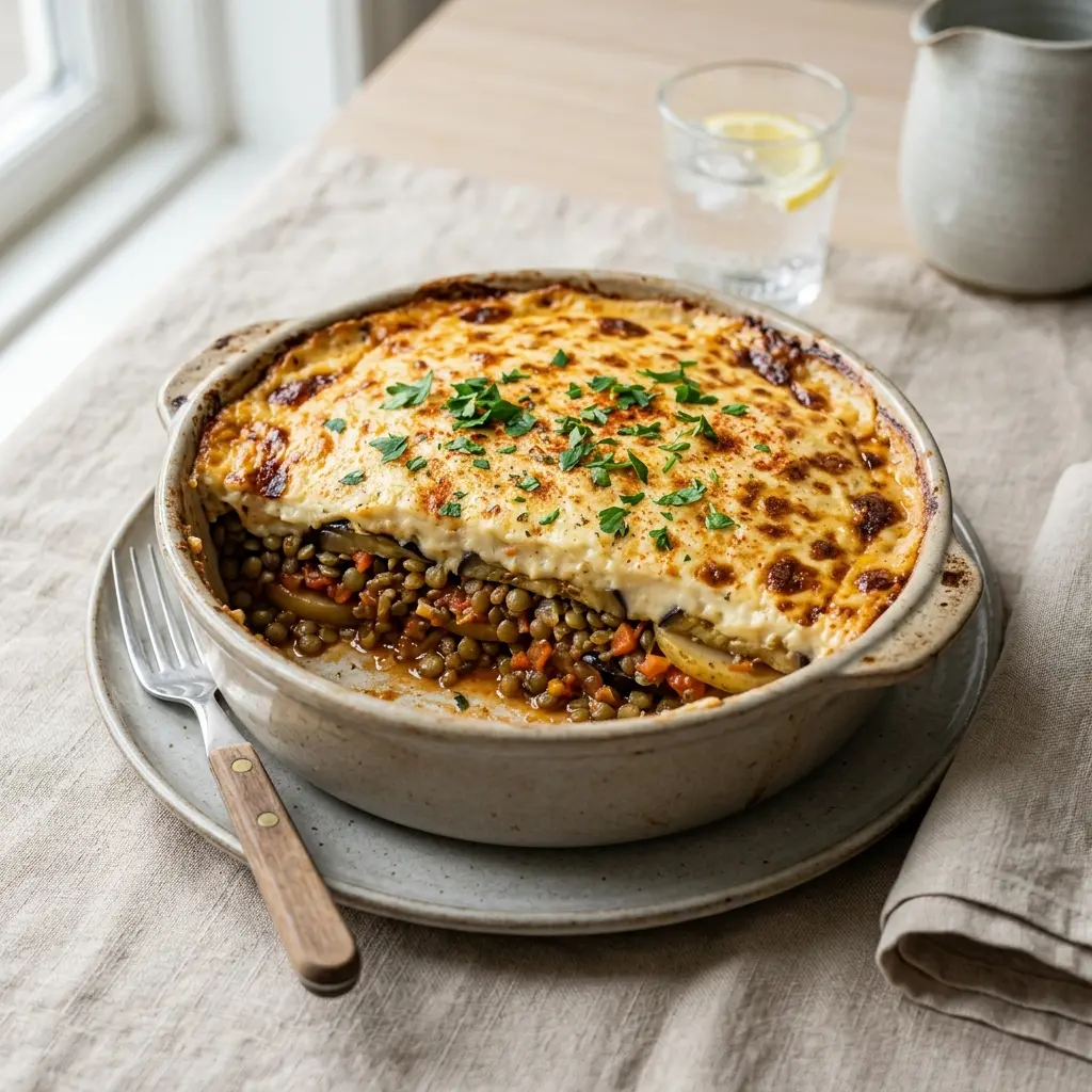 Fotografie hotového jídla: Moussaka s čočkou