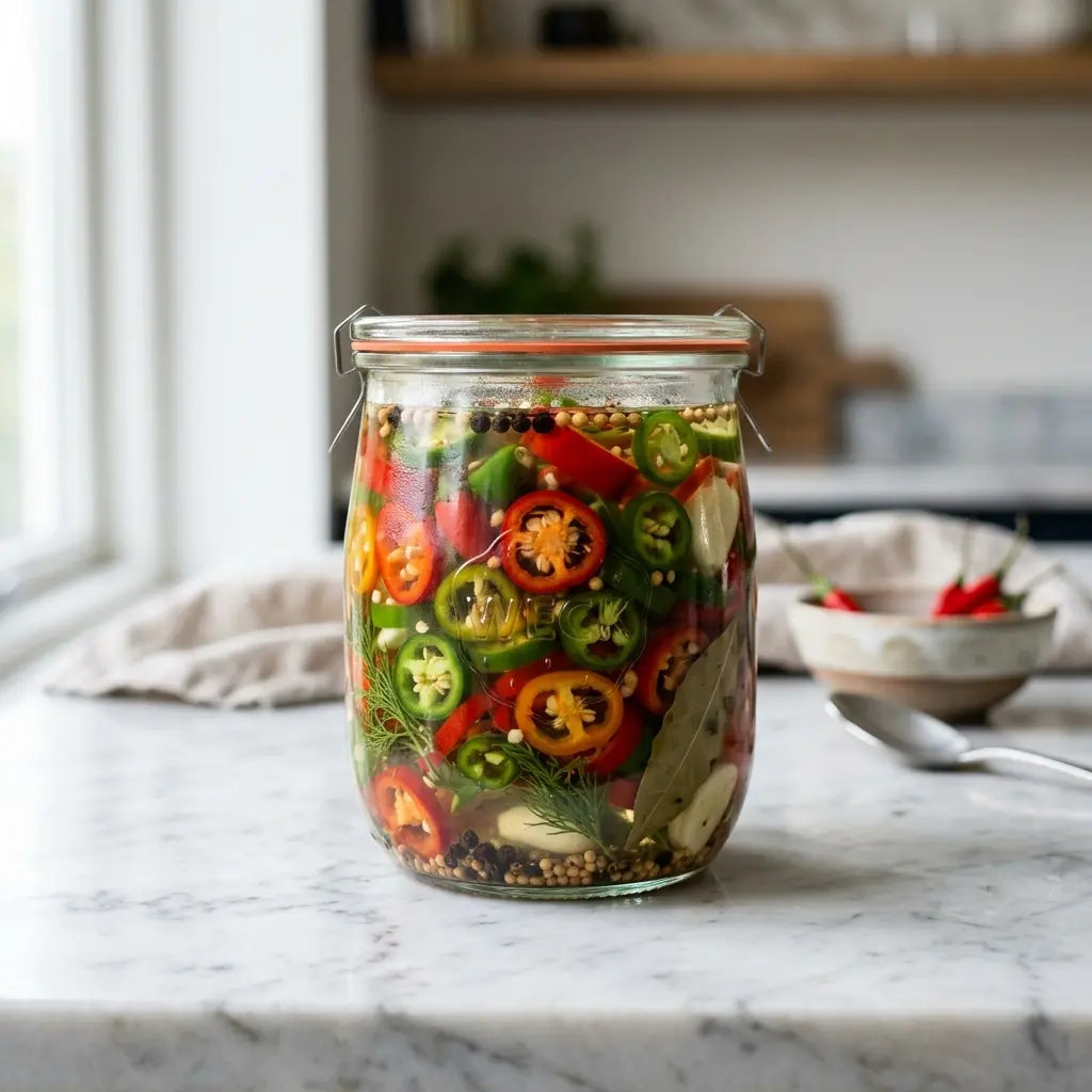 Fotografie hotové omáčky, dipu nebo přílohy: Nakládané chilli papričky