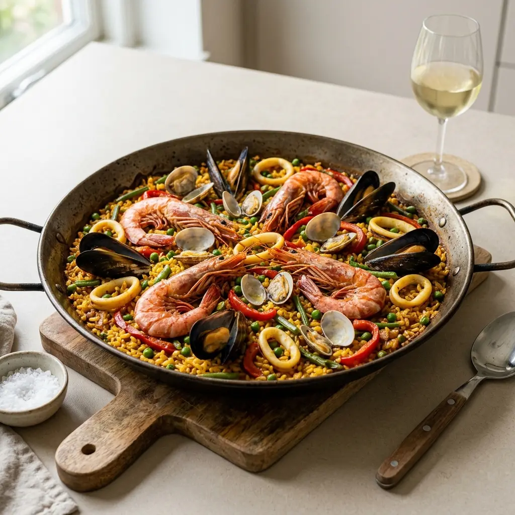 Fotografie hotového jídla: Paella s mořskými plody