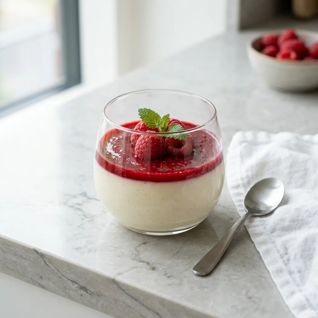 Fotografie hotového jídla: Panna cotta s malinami
