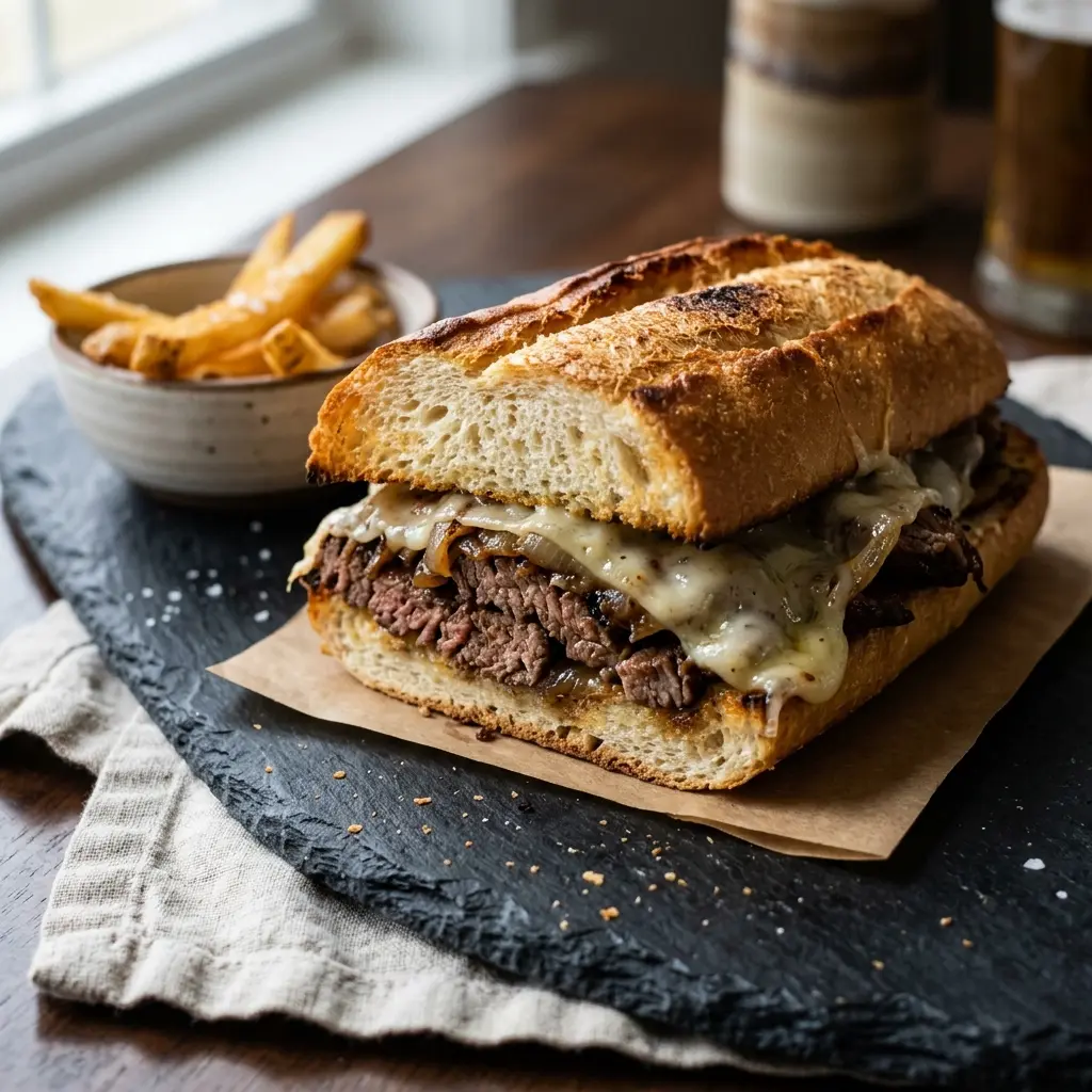 Fotografie hotového jídla: Philly cheesesteak sendvič