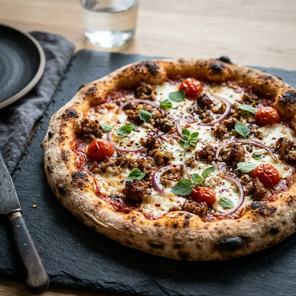Fotografie hotového jídla: Pizza s mletým vepřovým masem