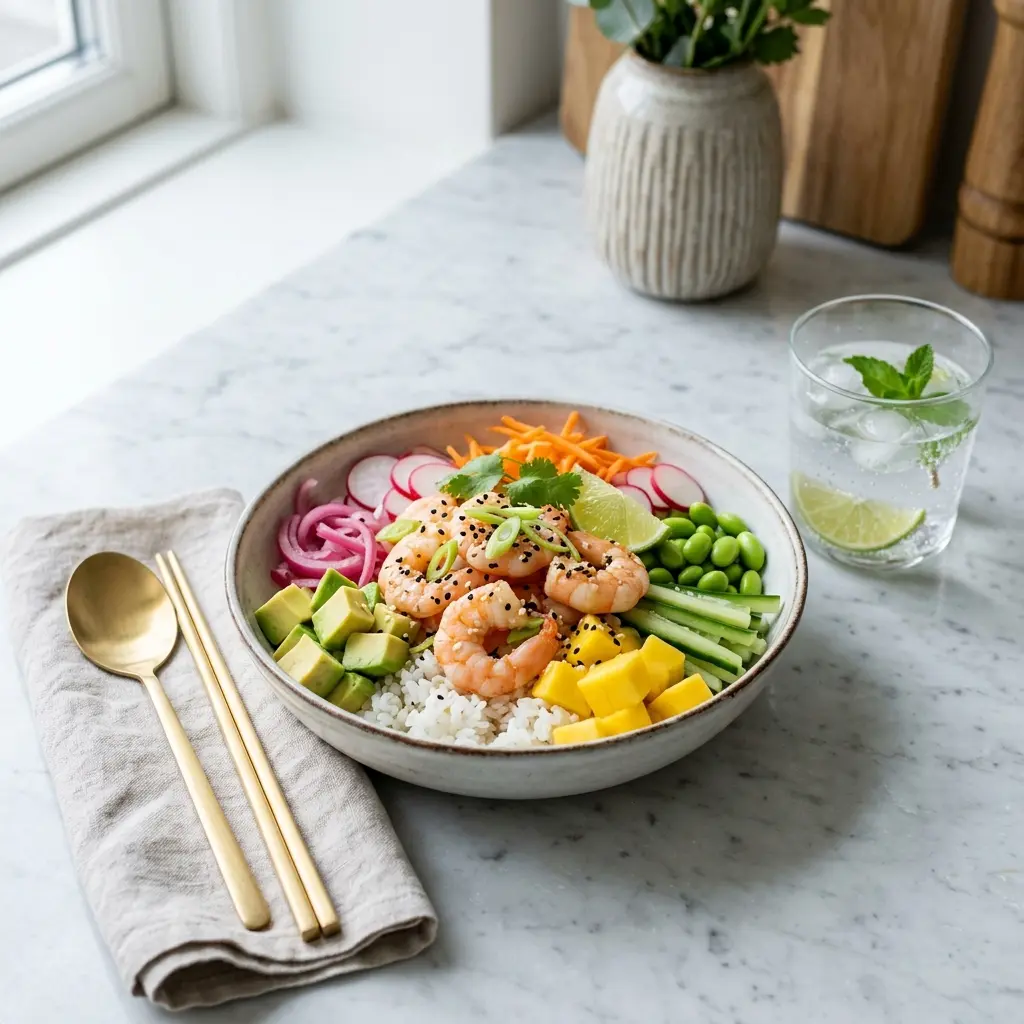 Fotografie hotového jídla: Poke bowl s krevetami