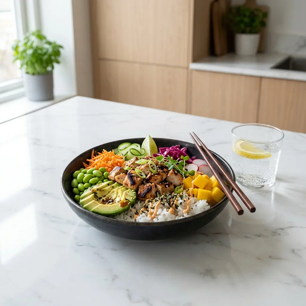 Fotografie hotového jídla: Poke bowl s kuřecím masem