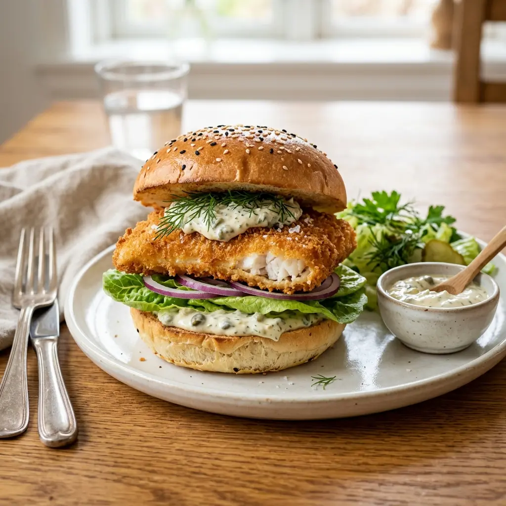 Fotografie hotového jídla: Rybí burger s platýsem