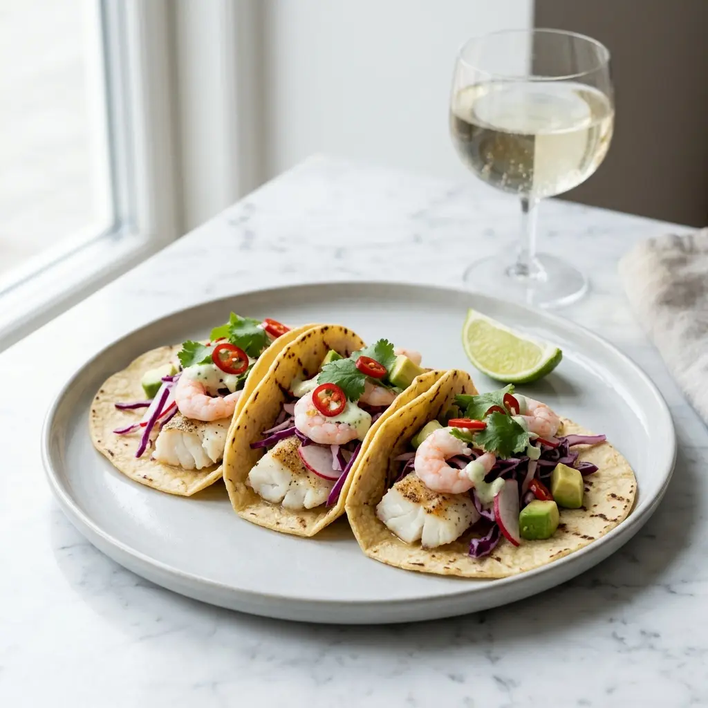 Fotografie hotového jídla: Rybí tacos s krevetami