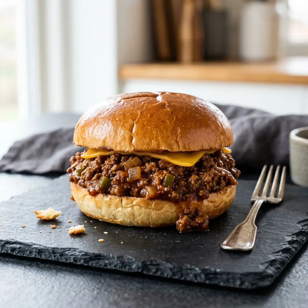 Fotografie hotového jídla: Sloppy Joe sendvič