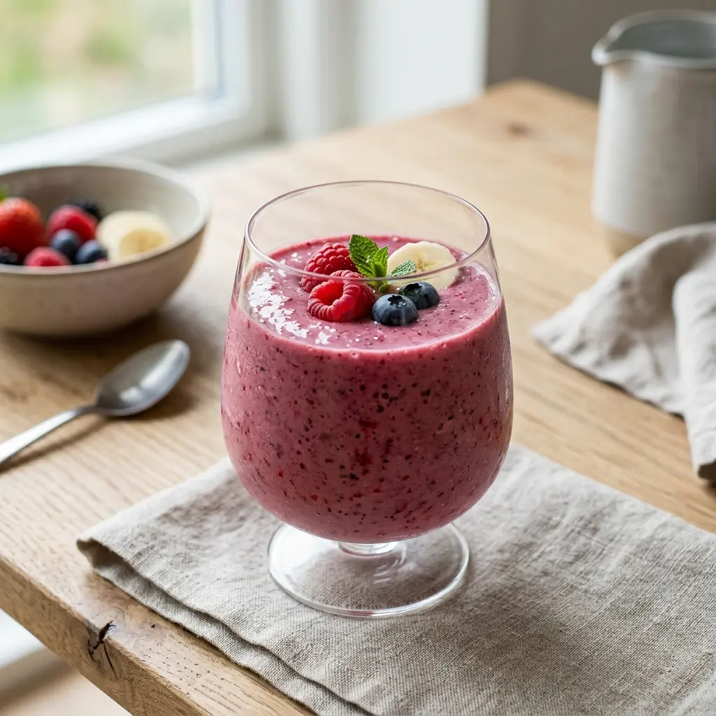 Fotografie hotového nápoje: Smoothie s bobulovým ovocem a banánem