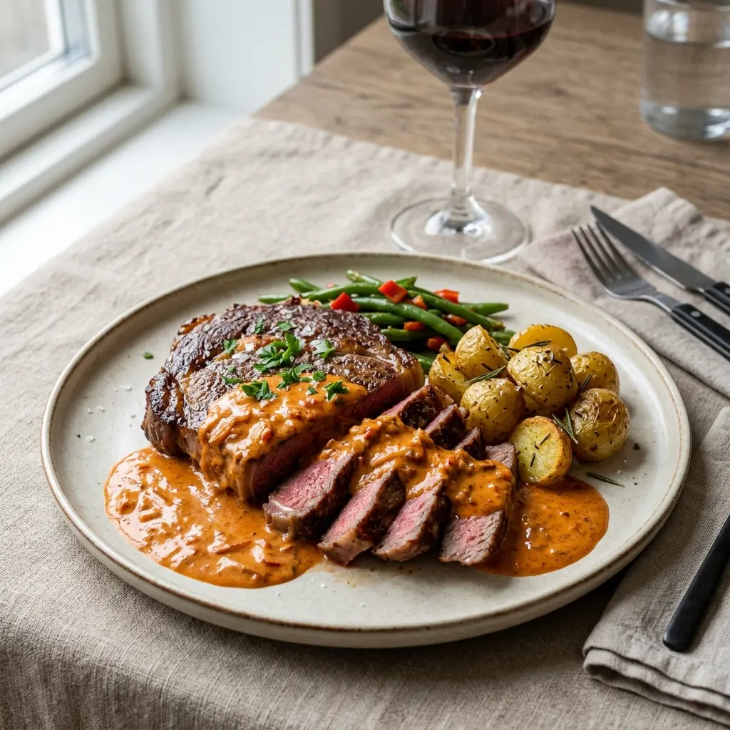 Fotografie hotového jídla: Steak s paprikovou omáčkou