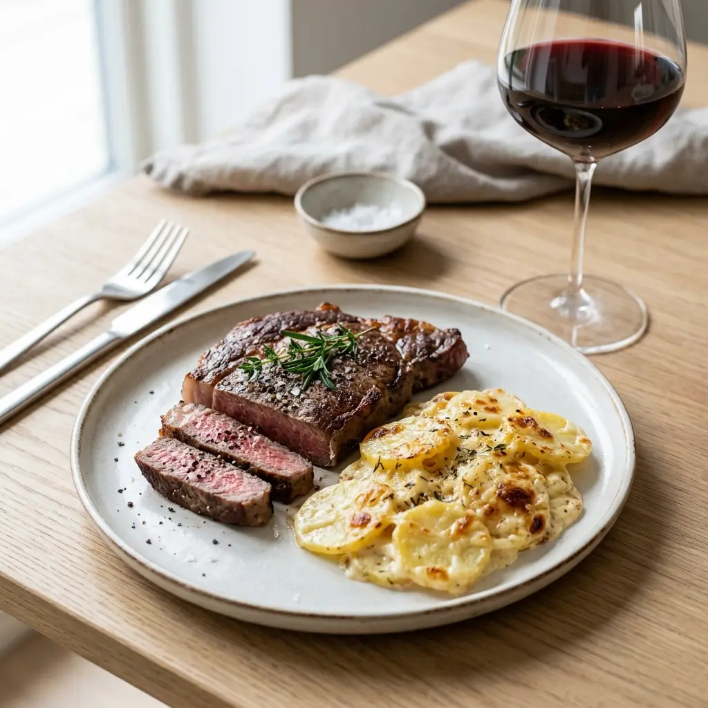 Fotografie hotového jídla: Steak se smetanovými bramborami
