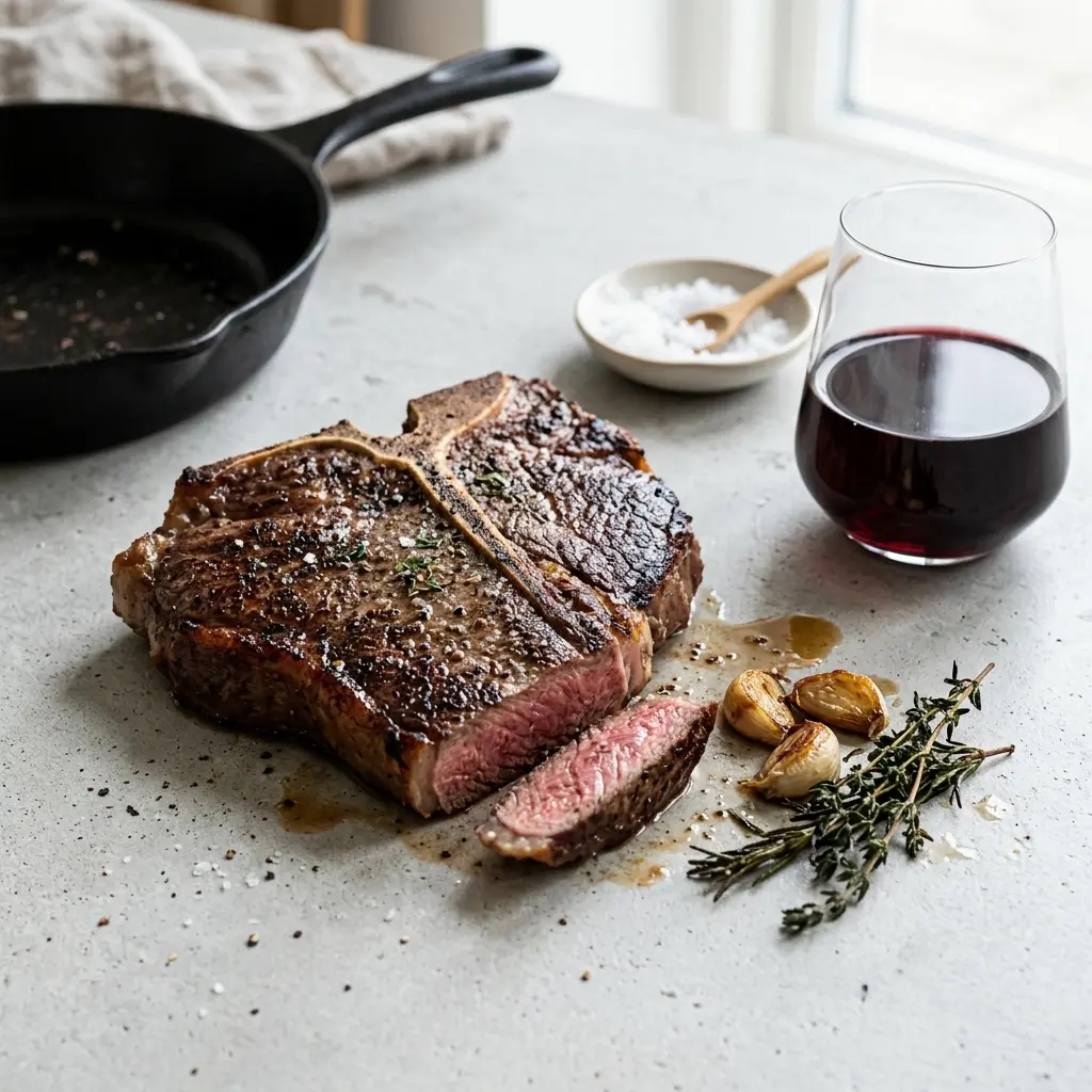 Fotografie hotového jídla: T-bone steak na pánvi