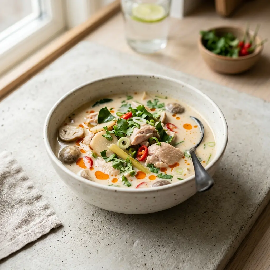 Fotografie hotového jídla: Tom Kha Gai s kuřetem