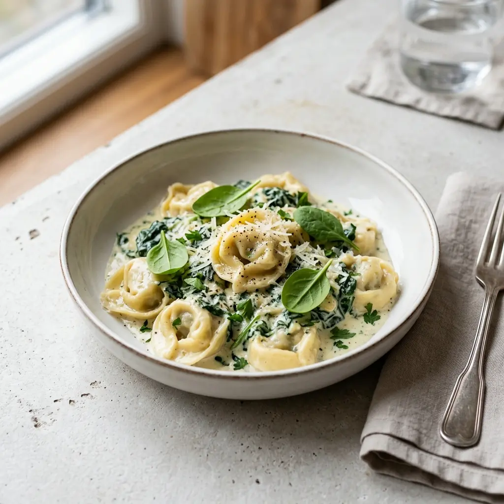 Fotografie hotového dezertu: Tortellini se sýrem a špenátem