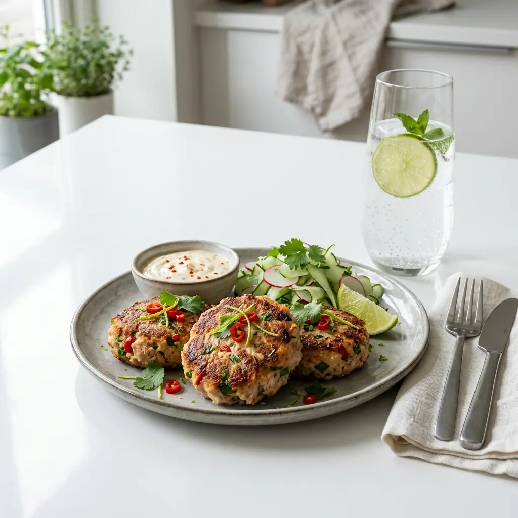 Fotografie hotového jídla: Tuňákové karbanátky s chilli a limetkou
