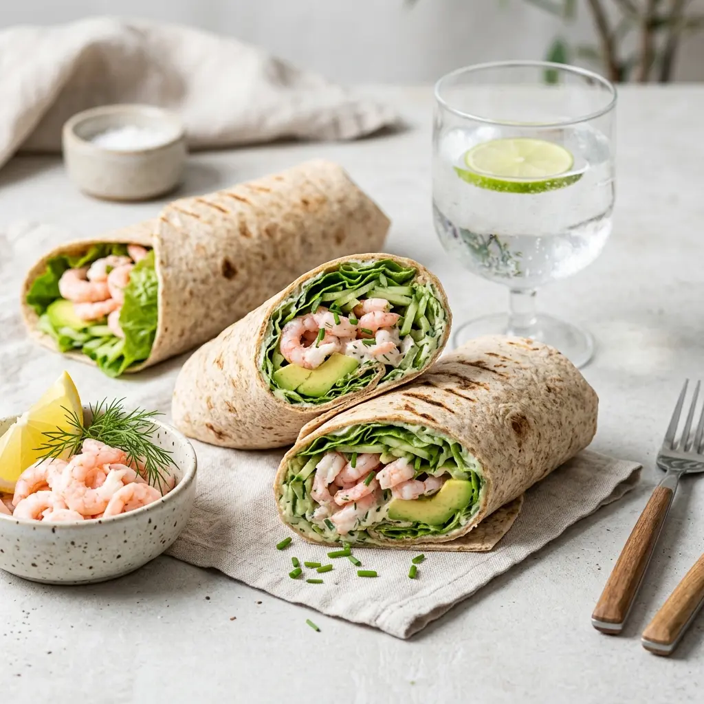 Fotografie hotového jídla: Wrap s krevetami a avokádem