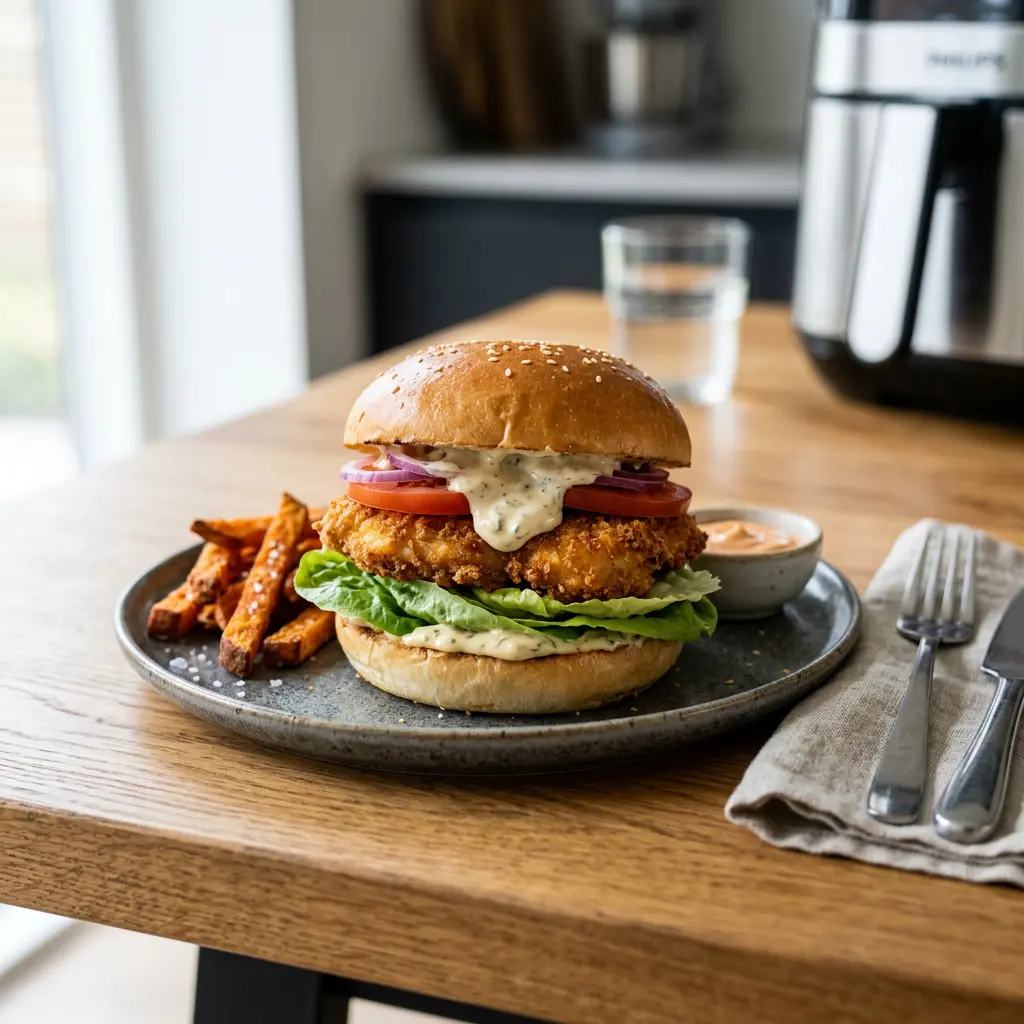 Fotografie hotového receptu Kuřecí burger z horkovzdušné fritézy z horkovzdušné fritézy