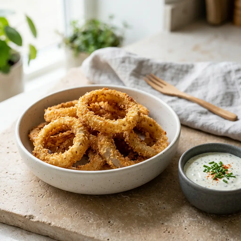 Fotografie hotového receptu Obalované cibulové kroužky z horkovzdušné fritézy z horkovzdušné fritézy